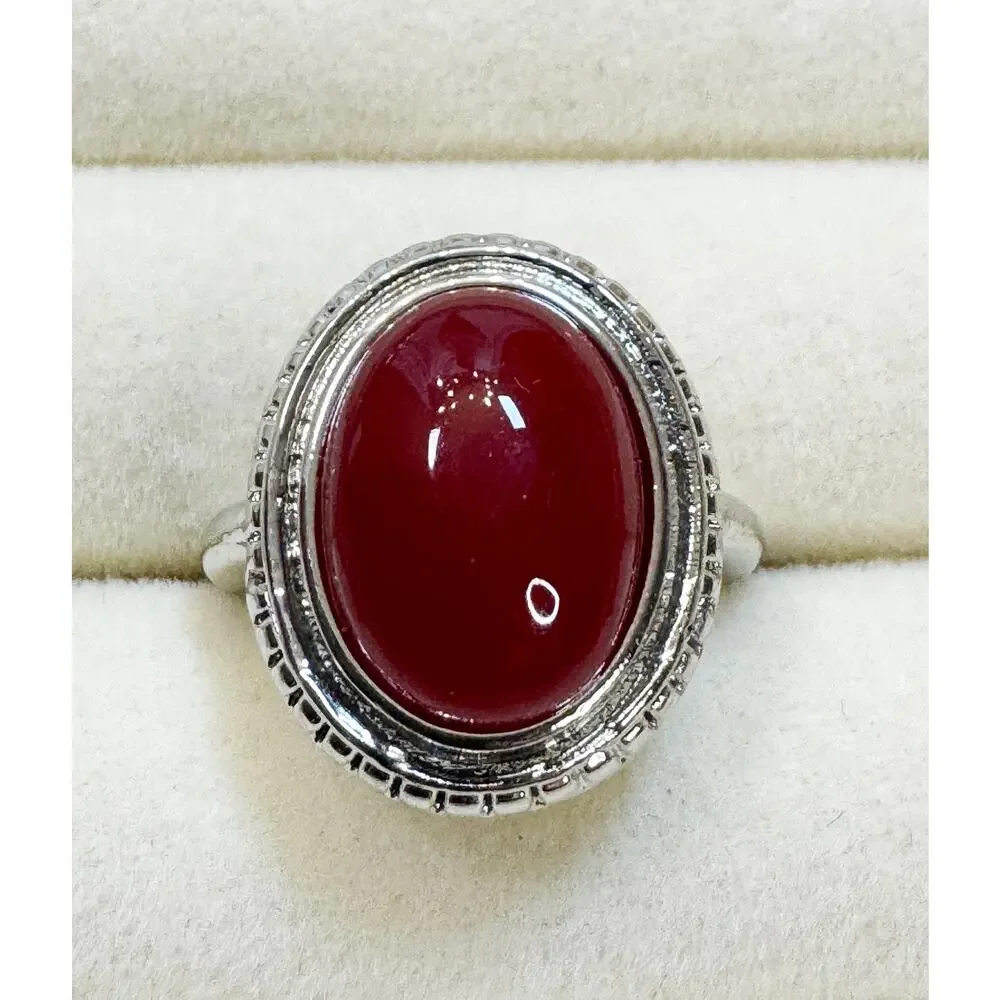 New Size 7 Red Oval Cabochon Ring Silver Tone Vintage Style Statement Ring R005